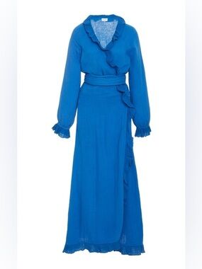 Rhode Resort Jagger Wrap Dress Blue L Ruffle Maxi 100% Cotton